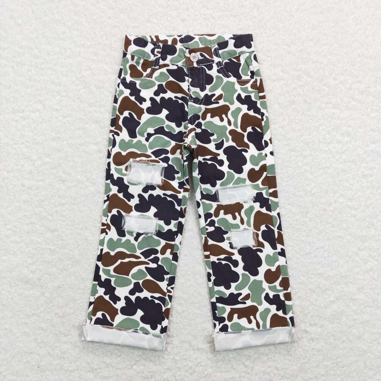 P0413 Brown green camouflage hole Denim trousers