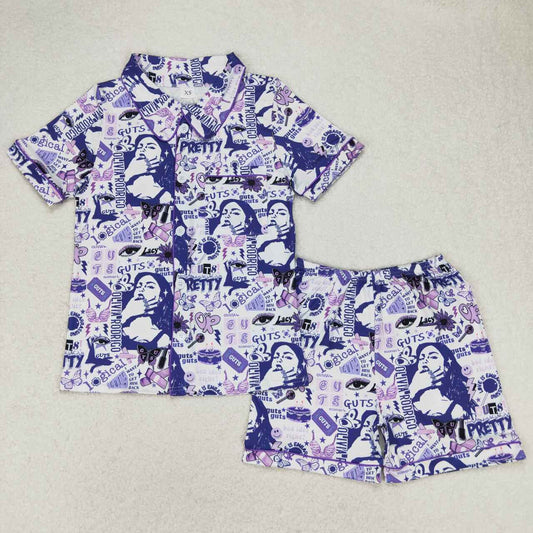 GSSO0987 Adult butterfly purple and white short-sleeved shorts pajamas set