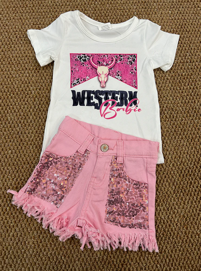 GT0134+SS0230 Baby Girls Western Doll Shirt Top Sequin Denim Shorts Clothes Set