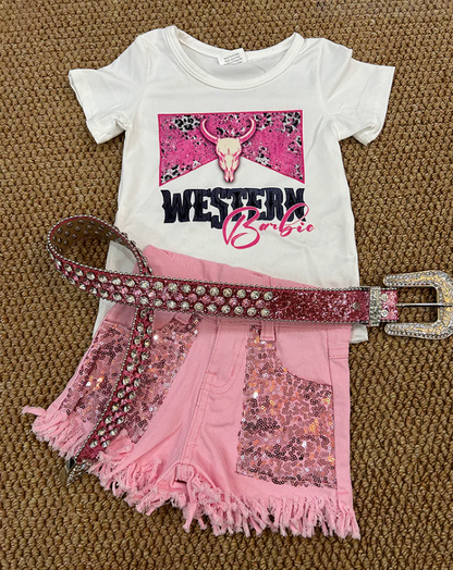 GT0134+SS0230 Baby Girls Western Doll Shirt Top Sequin Denim Shorts Clothes Set