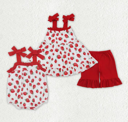 Baby Girls Strawberry Sibling Sister Rompers Outfits Clothes Sets