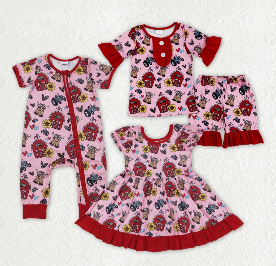 Baby Girls Red Farm Sunflower Sibling Rompers Clothes Sets