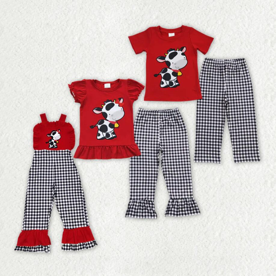 Baby Girls Boys Cow Plaid Embroidery Sibling Clothes Sets