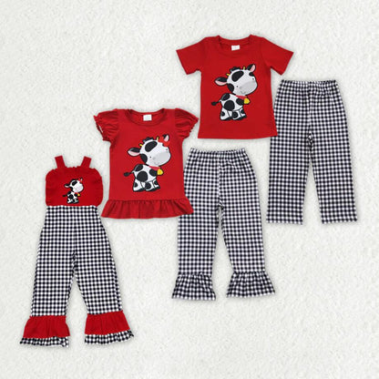 Baby Girls Boys Cow Plaid Embroidery Sibling Clothes Sets