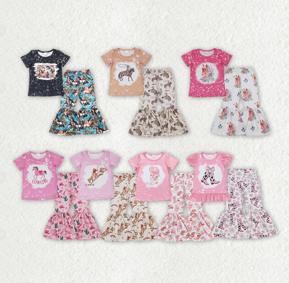 Baby Girls Sibling Horse Boots Tee Top Bell Pants Western Outfits Sets
