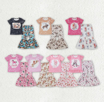 Baby Girls Sibling Horse Boots Tee Top Bell Pants Western Outfits Sets