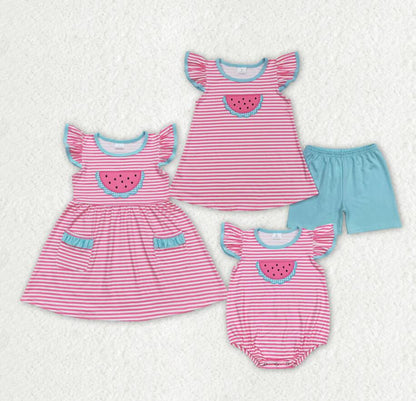 Baby Girls Pink Stripes Watermelon Summer Sibling Sister Clothes Sets