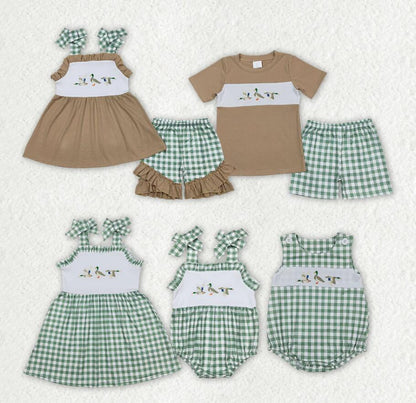 Baby Girls Boys Sibling Ducks Tunic Green Checkered Shorts Rompers Outfits Clothes Sets