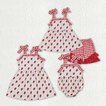 Baby Girls Strawberry Straps Sister Summer Sibling Clothes Sets