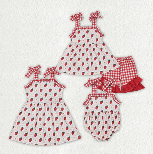 Baby Girls Strawberry Straps Sister Summer Sibling Clothes Sets