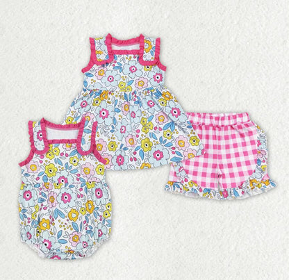 Baby Girls Pink Flowers Buttons Summer Sibling Sister Outfits Clothes Sets