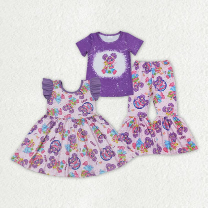 Baby Girls Purple Big Eye Short Sleeve Sibling Dresses Sister Clothes Sets