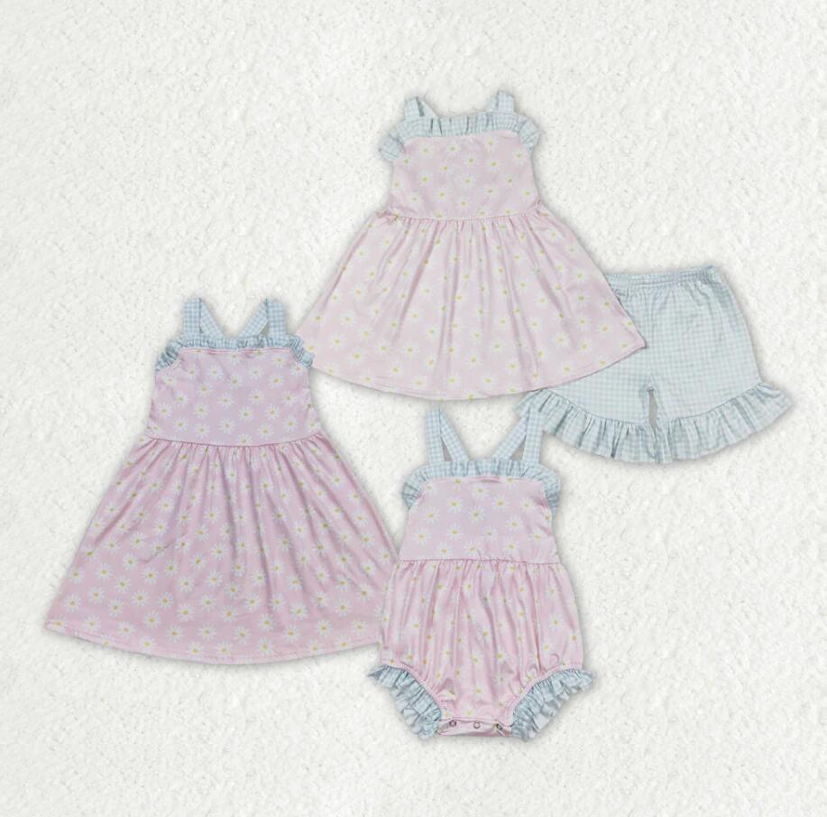 Baby Girls Pink Daisy Straps Dress Rompers Sibling Sister Clothes Sets