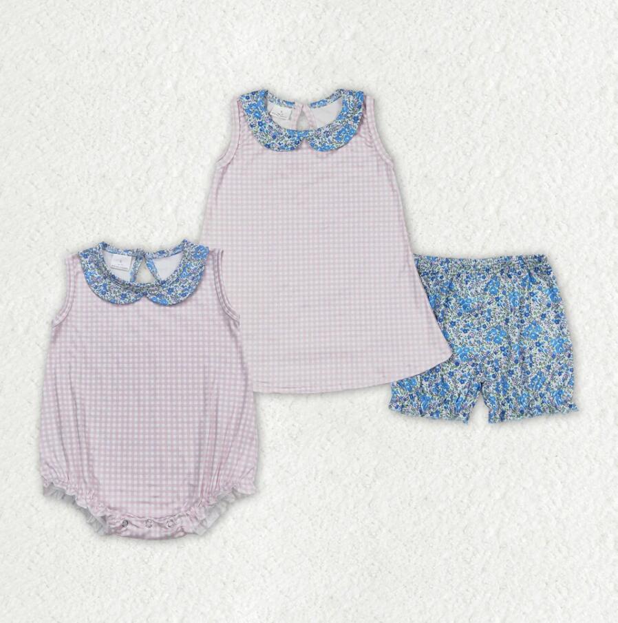 Baby Girls Pink Checkered Collar Sibling Sister Rompers Clothes Sets