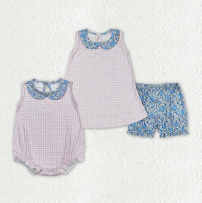 Baby Girls Pink Checkered Collar Sibling Sister Rompers Clothes Sets