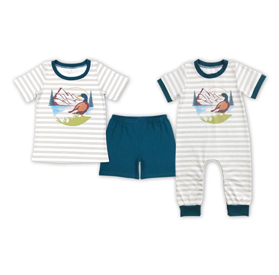 Baby Boys Khaki Stripes Duck Hunting Rompers Brother Clothing Sets
