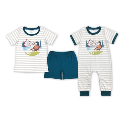 Baby Boys Khaki Stripes Duck Hunting Rompers Brother Clothing Sets