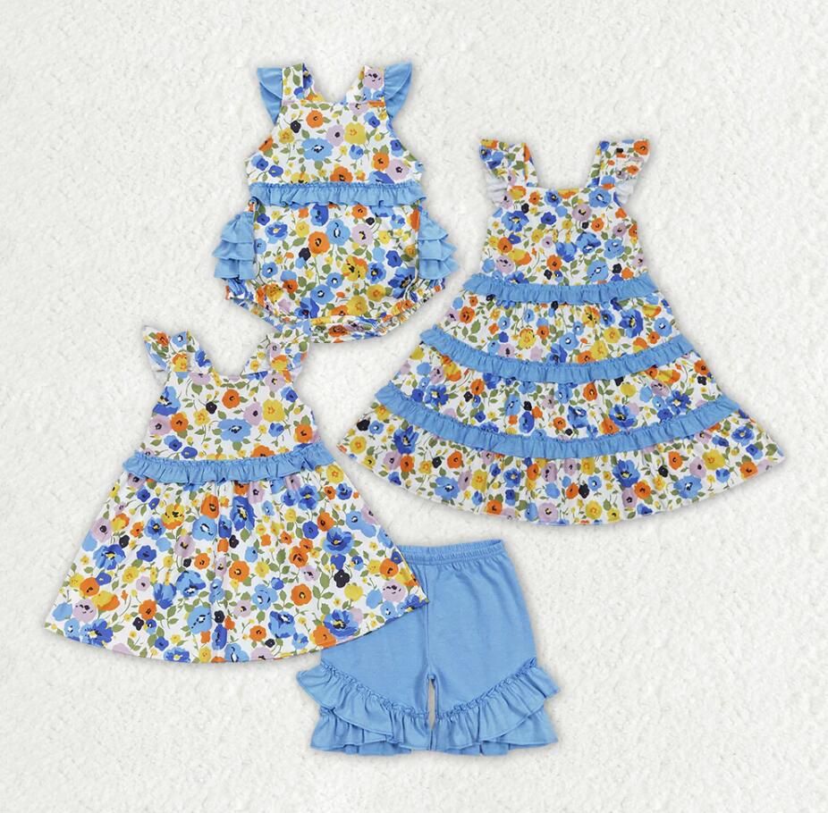 Baby Girls Blue Flowers Tunic Ruffle Sibling Sister Rompers Dresses Clothes Sets