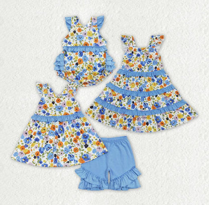 Baby Girls Blue Flowers Tunic Ruffle Sibling Sister Rompers Dresses Clothes Sets