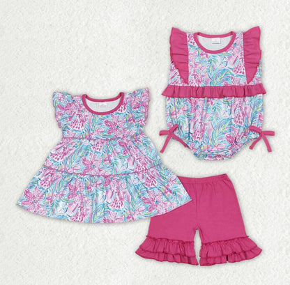Baby Girls Green Water Flowers Tunic Dark Pink Shorts Summer Rompers Clothes Sets