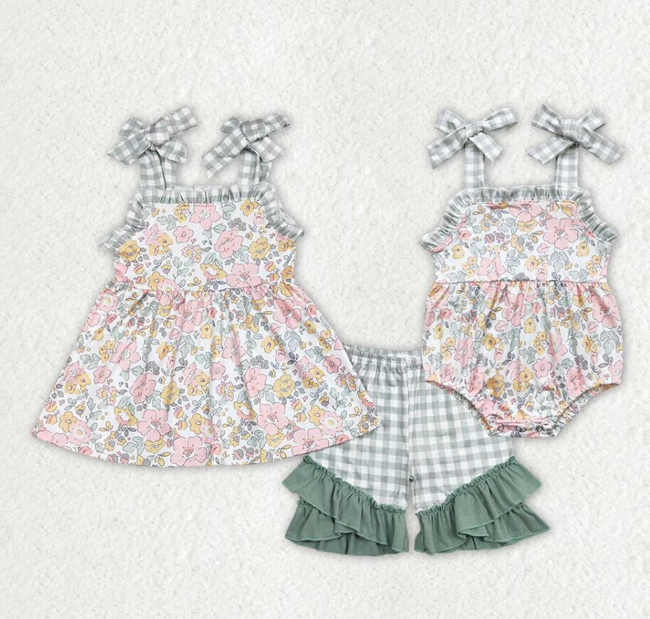 Baby Girls Spring Green Pink Flowers Tunic Ruffle Shorts Outfits Rompers Clothing Sets