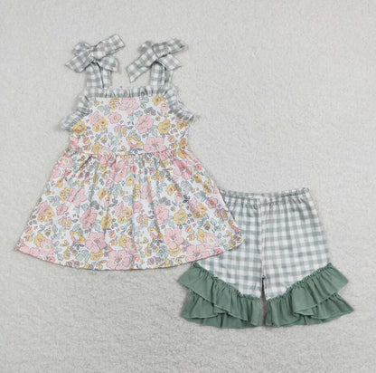 Baby Girls Spring Green Pink Flowers Tunic Ruffle Shorts Outfits Rompers Clothing Sets