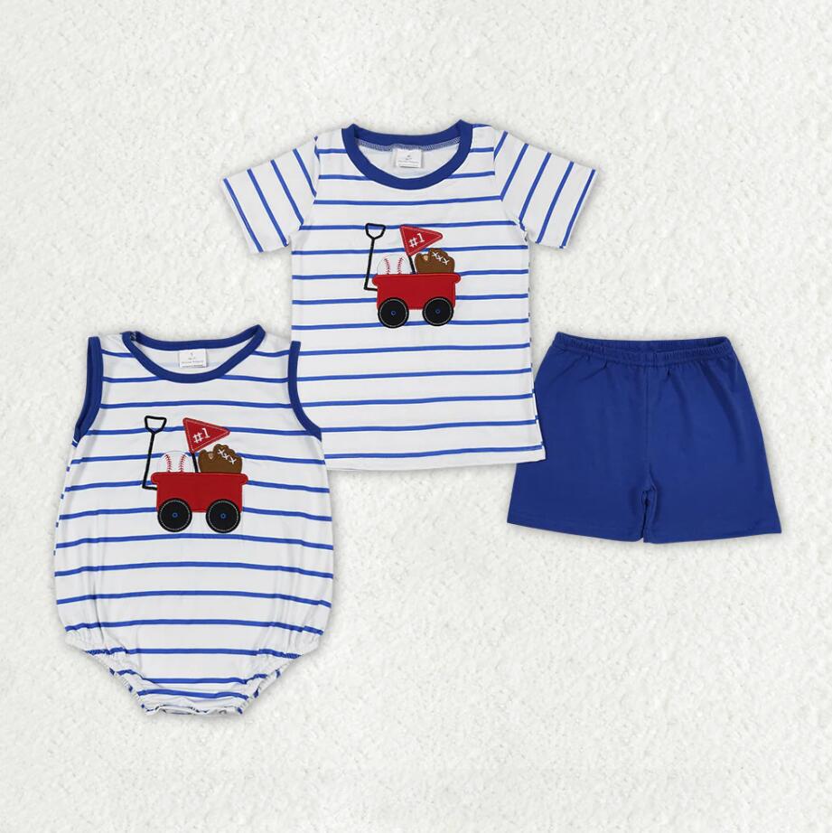 Baby Boys Blue Stripes Baseball Shirts Shorts Rompers Clothes Sets