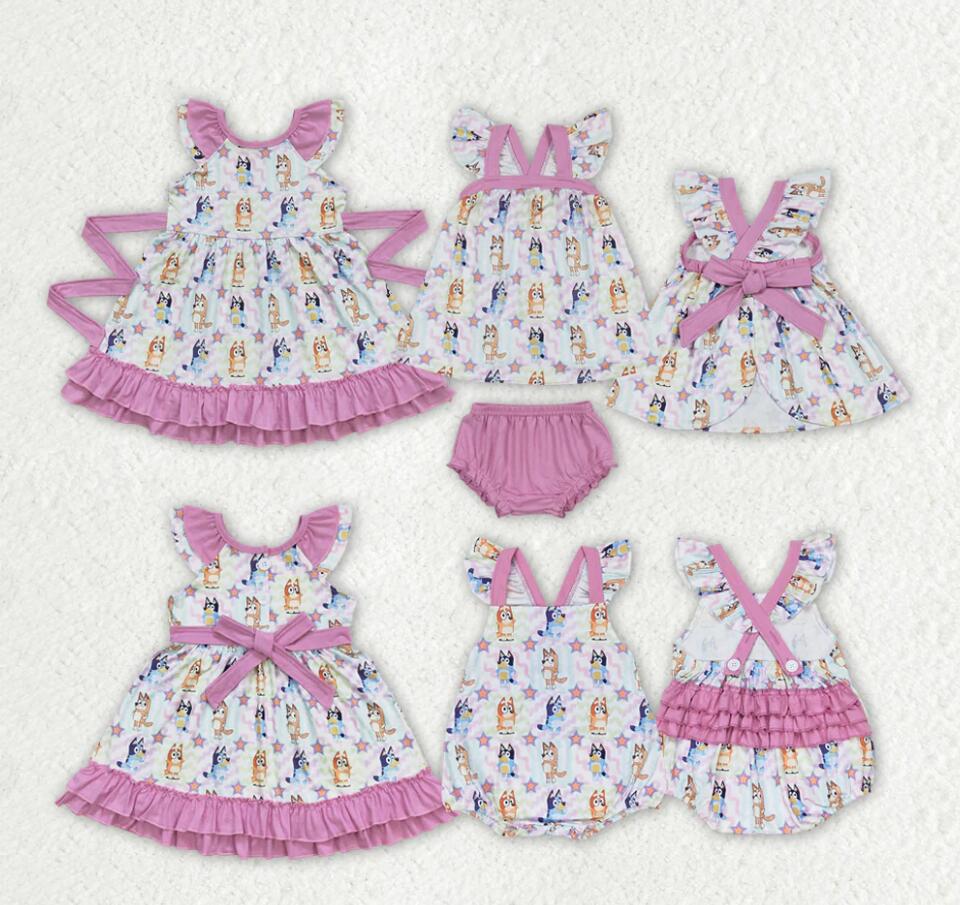 Baby Girls Colorful Dogs Sibling Rompers Bummie Dresses