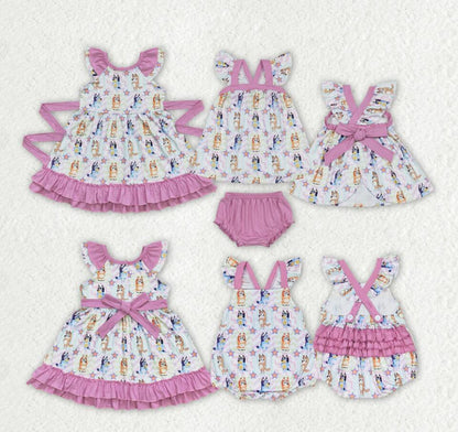 Baby Girls Colorful Dogs Sibling Rompers Bummie Dresses