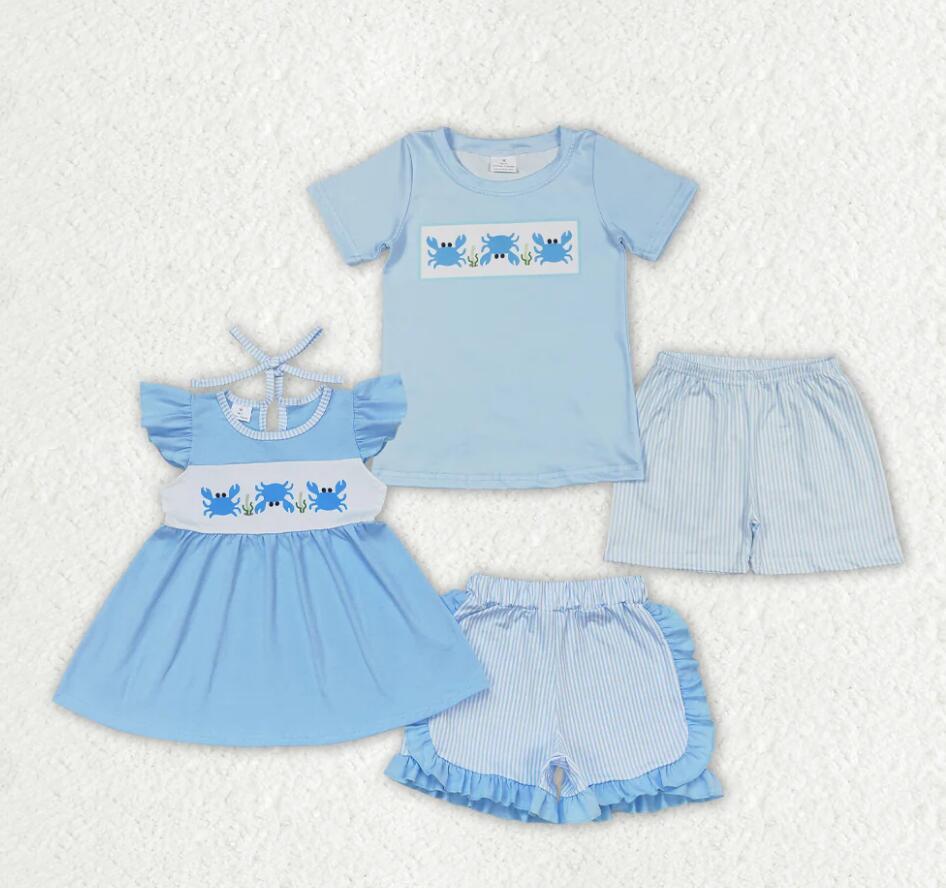Baby Girls Boys Crab Top Stripes Sibling Summer Clothes Sets