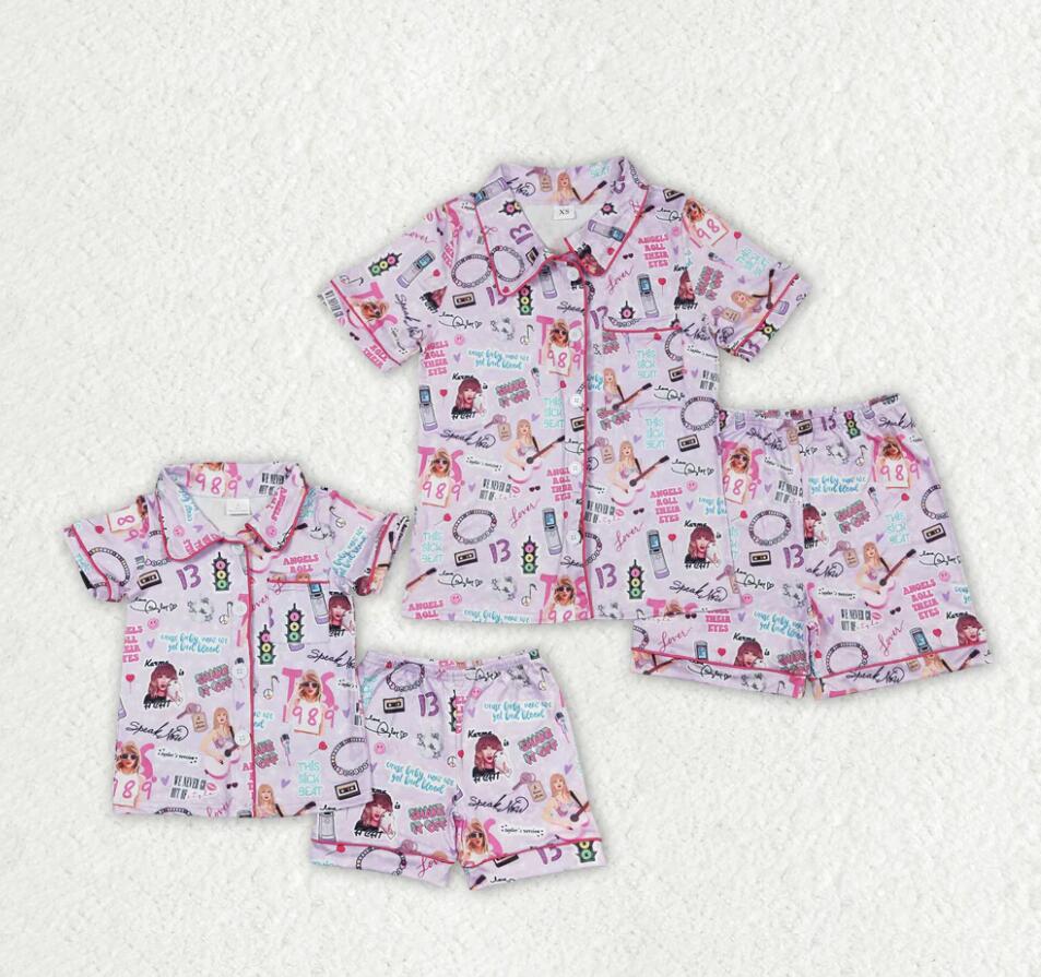 Mommy and Me Baby Girls Purple Singer 1989 Buttons Top Shorts Pajamas Clothes Sets