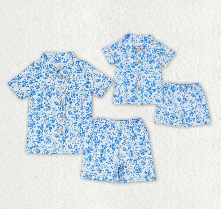Mommy and Me Family Baby Girls Blue Flowers Shirts Ruffle Shorts Pajamas Clothes Sets