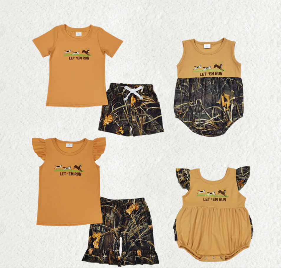 Baby Girls Boys Dog Hunting Deer Sibling Camo Shorts Clothes Sets