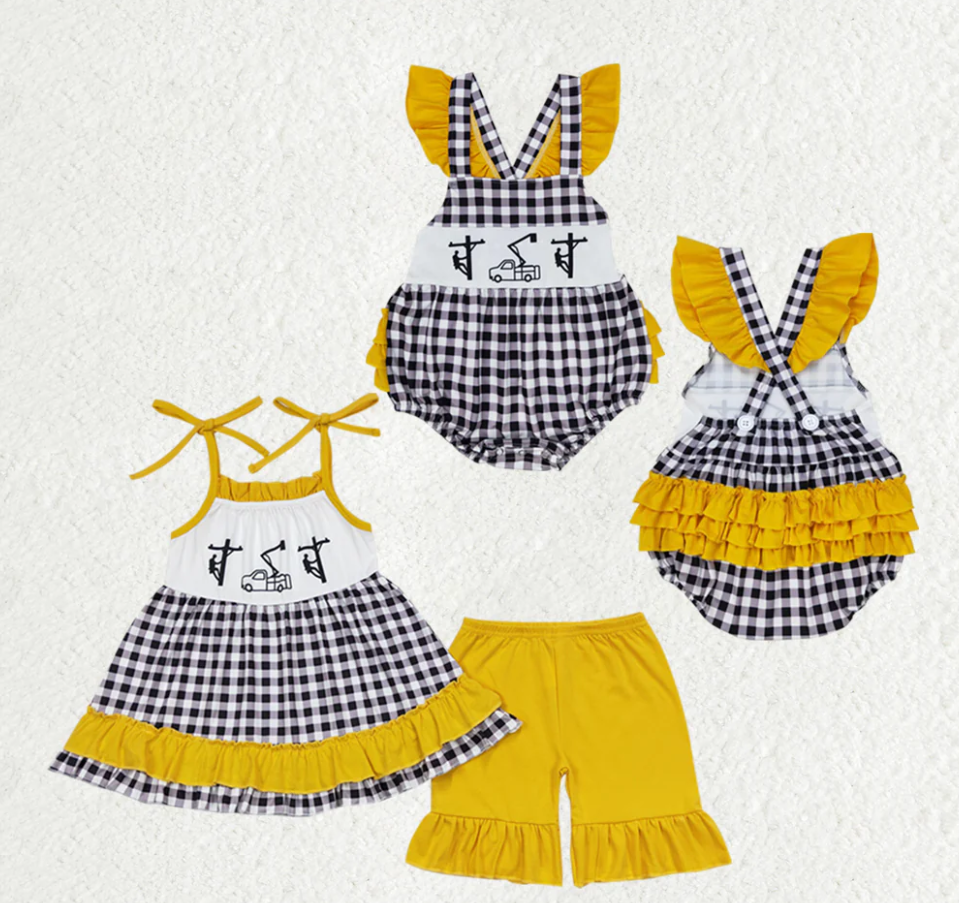 Baby Girls Line Man Black Checkered Sibling Rompers Clothes Sets