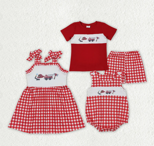 Baby Boys Girls Sibling Fire Truck Red Dresses Outfits Clothes Sets