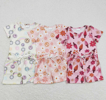 Baby Girls Flowers Short Sleeve Tee Shirts Summer Shorts Pajamas Clothes Sets