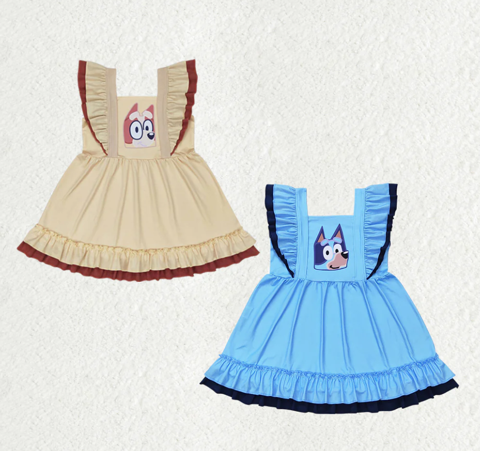 Baby Girls Dogs Ruffles Sibling Sister Knee Length Dresses