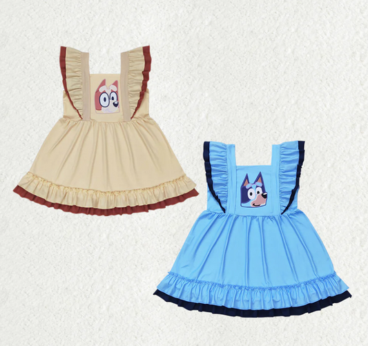 Baby Girls Dogs Ruffles Sibling Sister Knee Length Dresses