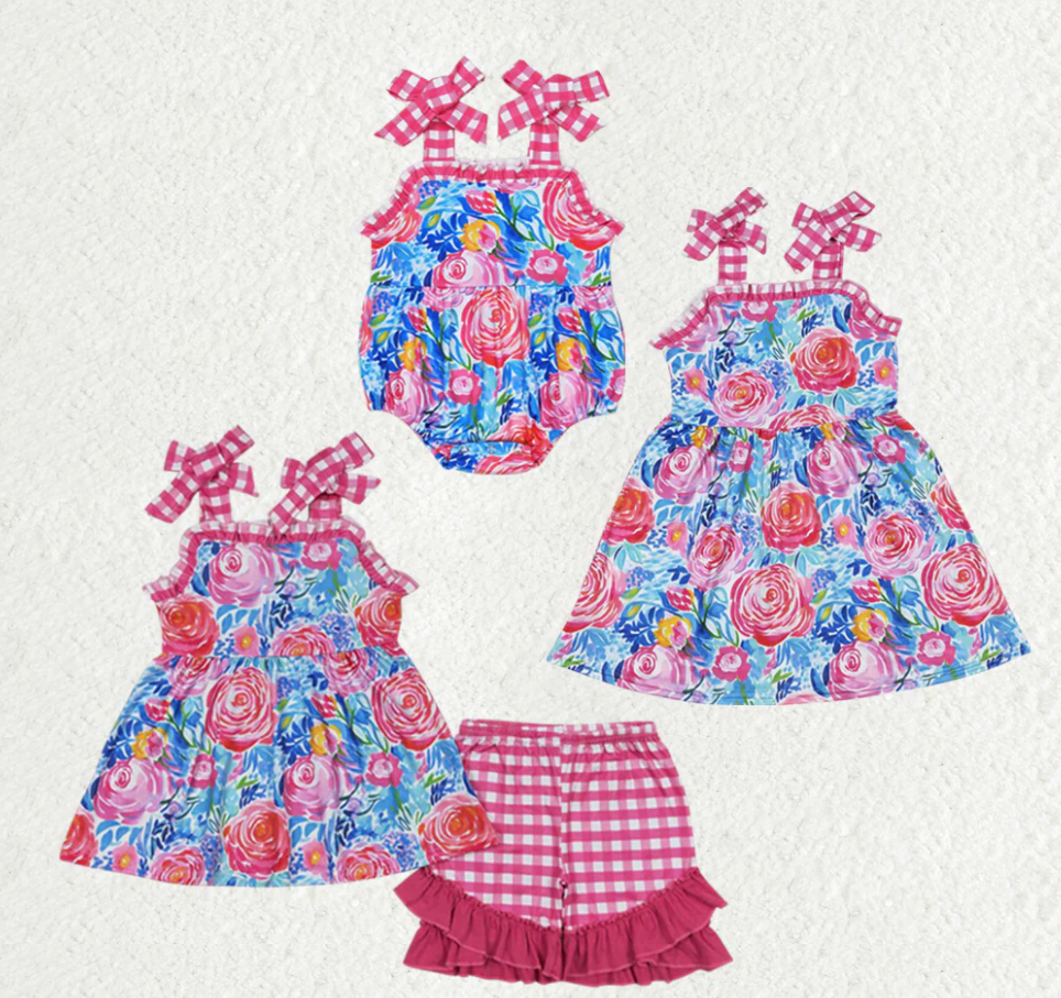 Baby Girls Pink Flowers Straps Sibling Summer Dresses Rompers Clothes Sets