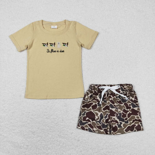 BT0621+SS0202 Embroidered duck puppy short sleeve top camouflage brown green beige shorts suit