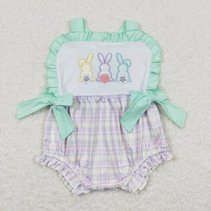 SR0543 Embroidery Three colorful bunny green bow lace purple-yellow checked vest onesie