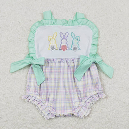 SR0543 Embroidery Three colorful bunny green bow lace purple-yellow checked vest onesie