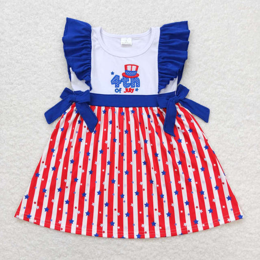 GSD0674 4th of july Embroidered letter Star hat Blue Lace bow Red and white striped sleeveless dress
