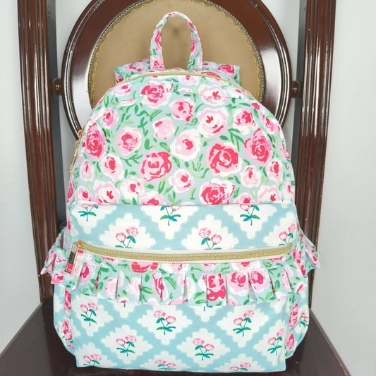 BA0100 Pink flowers light blue backpack