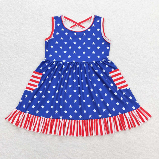 GSD0976 July 4th Stars Red and White striped pocket lace Blue sleeveless dress