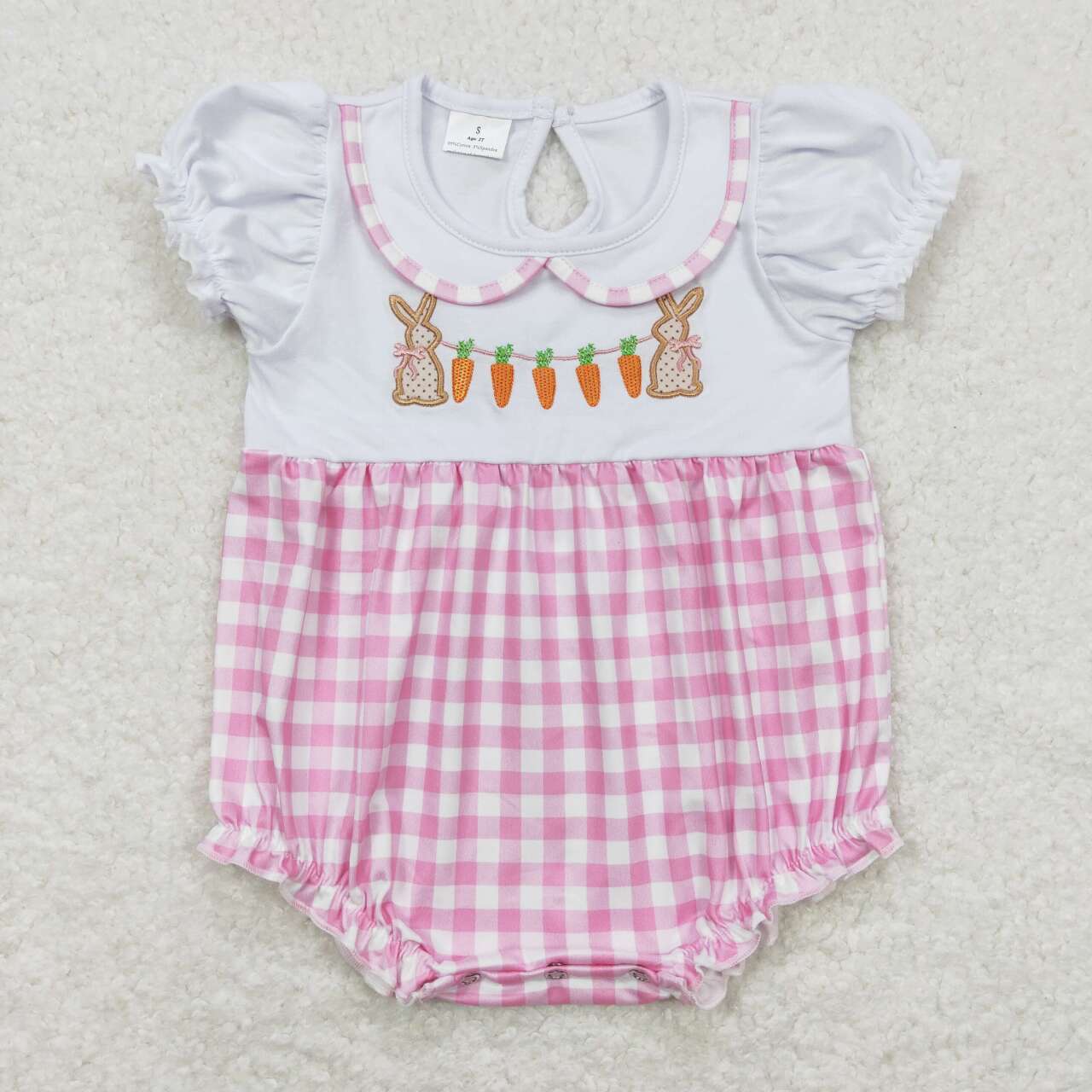 SR0722 Embroidered rabbit carrot pink-white checkered short-sleeved onesie