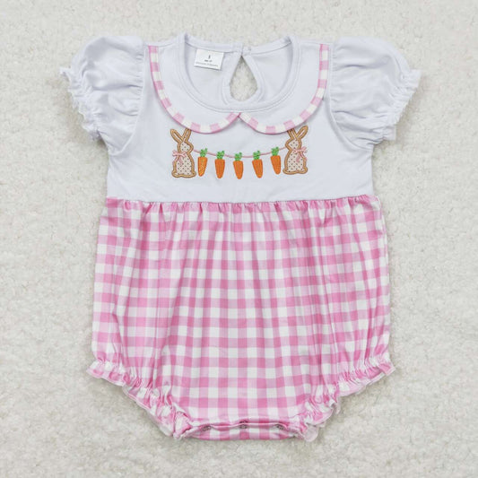 SR0722 Embroidered rabbit carrot pink-white checkered short-sleeved onesie
