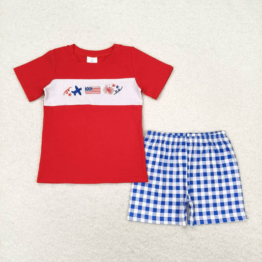 BSSO0584 4th of July Embroidered aircraft flag fireworks Red short-sleeved blue and white plaid shorts set