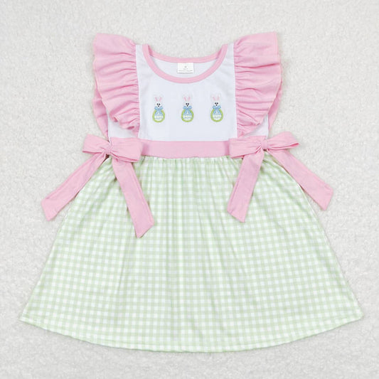 GSD0601 Embroidered Bow Easter Egg Rabbit Green and White Plaid Pink Lace Bow Flying Sleeve Dress