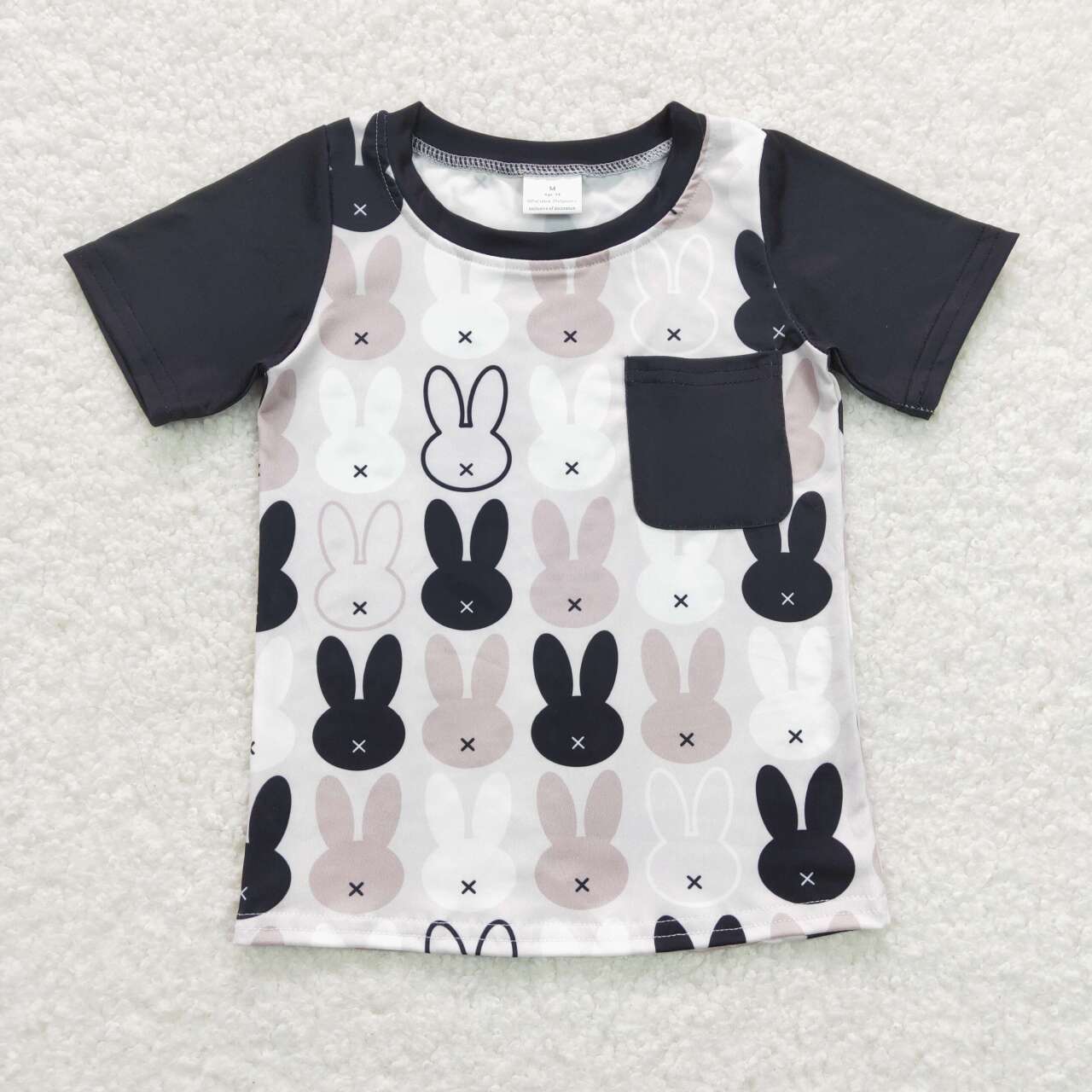 BT0589 Easter Black Pocket Bunny Short Sleeve Top